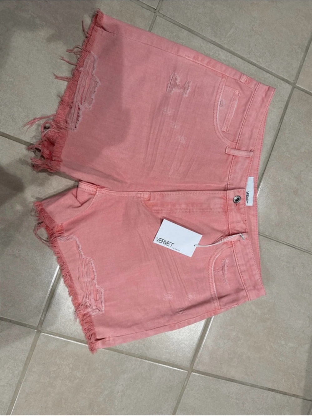 VERVET BY FLYING MONKEY Coral Pink Distressed Denim Shorts